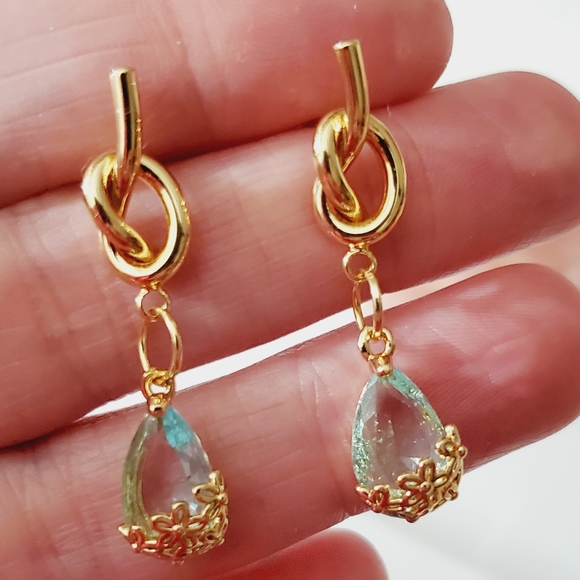 925 earrings ice blue real gold plated flowers aquamarine topaz knot crystal - Picture 8 of 15